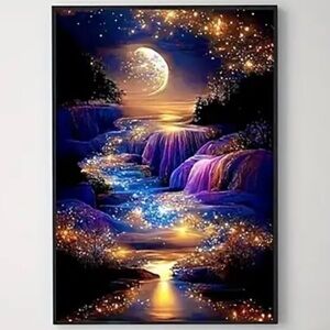 5D Diamond Art DIY Painting Kit River Waterfall Landscape with Moon Shimmering